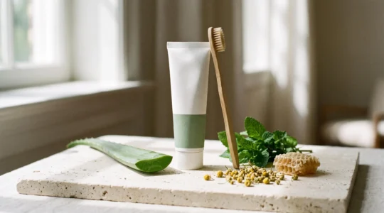 Tube de dentifrice bio sans marque posé à côté d'une brosse à dents en bambou, entouré d'aloe vera, de menthe fraîche et de camomille sur une surface claire.